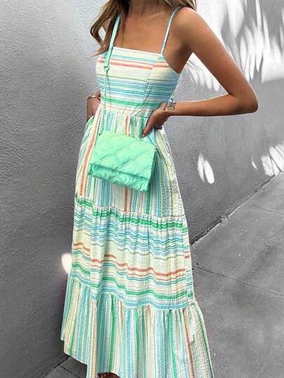 Nuevo vestido midi casual y elegante de tirantes anchos a rayas, para primavera y verano