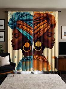 2pcs 100% Polyester Washable Curtain With African Woman Print In Blue & Orange Color, Suitable For Living Room & Bedroom - Multicolor - View 4
