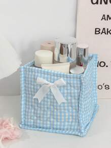 1 Cute Pink And Blue Three-Dimensional Bow Lace Storage Basket, Desktop Sundries Storage Basket, Lipstick Makeup Brush Skin Care Storage Basket, Desktop Decoration, Cosmetics Organizer, Portable Picnic Basket, Valentine's Day Gift, Bathroom Storage