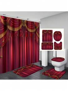 1pc/4pcs Luxurious Red European Noble Style Shower Curtain Set | Classical Luxury Romantic French Style Shower Curtain, Shower Curtain Fabric Bathroom Decoration Curtain With 12 Hooks, Non-Slip Bathroom Mat Toilet Mat Set, Bath Mat, Toilet Seat Mat, Non-Slip U-Shaped Mat, With Shower Curtain Hooks 12 Back To School