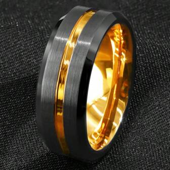 Anneau d'homme en acier inoxydable de 8 mm avec centre rainuré doré, style punk luxueux et grand, confortable, bague de mariage à bords biseautés de taille 6 à 13