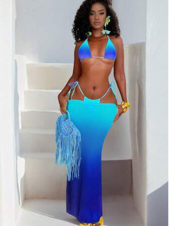 3pcs Women's Sexy Beachwear Swimwear Bright Ombrem Solid Color Sexy Halter Bikini Swimwear Set Long Sarong Dress Beachwear For Holidays,Easter,Holiday Outfits,Going Out Tops,Date Night Outfits Women,All Women Clothes,Fall Clothes