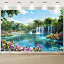2D Lush Natural Landscape Forest Stone River Background - Perfect For Parties, Weddings, Birthdays, Festivals, Etc. - Durable Polyester Fabric - Suitable For Indoor And Outdoor Use