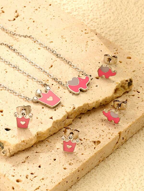 Cartoon Cute And Creative Elephant/Crown With Pink Drip Oil Earrings, Necklace Set Stainless Steel Women's Romantic Jewelry