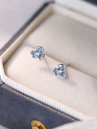 925 Sterling Silver Blue Iris Flower Earrings With Zirconia Stone, Fashionable Everyday Wear Gift For Women, Girlfriends, Mothers, Suitable For Easter, Valentine's Day