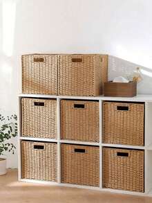 Handwoven Paper Rope Foldable Storage Baskets, Square Laundry Bin With Handles For Dirty Clothes, Underwear, Toys, And Snacks Bohemian Style Handwoven Paper Rope Storage Basket, Foldable Organizer For Shelves, Decorative Multi-Purpose Basket, Non-Waterproof, For Clothing, Snacks, Toys, Wooden Material, Window View Design, Shelf Baskets