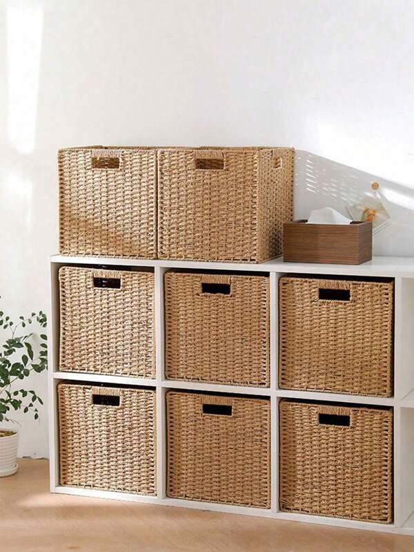 Handwoven Paper Rope Foldable Storage Baskets, Square Laundry Bin With Handles For Dirty Clothes, Underwear, Toys, And Snacks Bohemian Style Handwoven Paper Rope Storage Basket, Foldable Organizer For Shelves, Decorative Multi-Purpose Basket, Non-Waterproof, For Clothing, Snacks, Toys, Wooden Material, Window View Design, Shelf Baskets