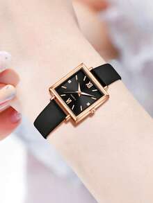 3 Pieces Of Women's Black Watch Straps, Fashionable And Casual Mixed Scale Square Case Quartz Watch Bracelet Jewelry Set, Suitable For Daily Wear Decoration Or Holiday Gifts