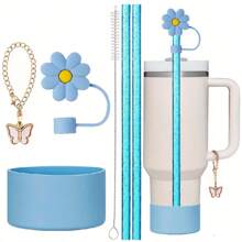 Set de 6 accesorios para taza de 40oz/30oz, incluye pajita con purpurina y cepillo, tapa con diseño de flor, bota de silicona, cadena con dije de mariposa, perfecto para deportes al aire libre, ideal como regalo para el Día de San Valentín, Día de la Madre y útiles escolares