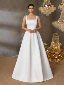 Faeriesty Elegant Satin Square-Neck Tie-Dress With Dramatic Floor-Length Hem | Luxurious Evening Look For Galas, Weddings Or Red Carpet Events, Bridesmaid Dress