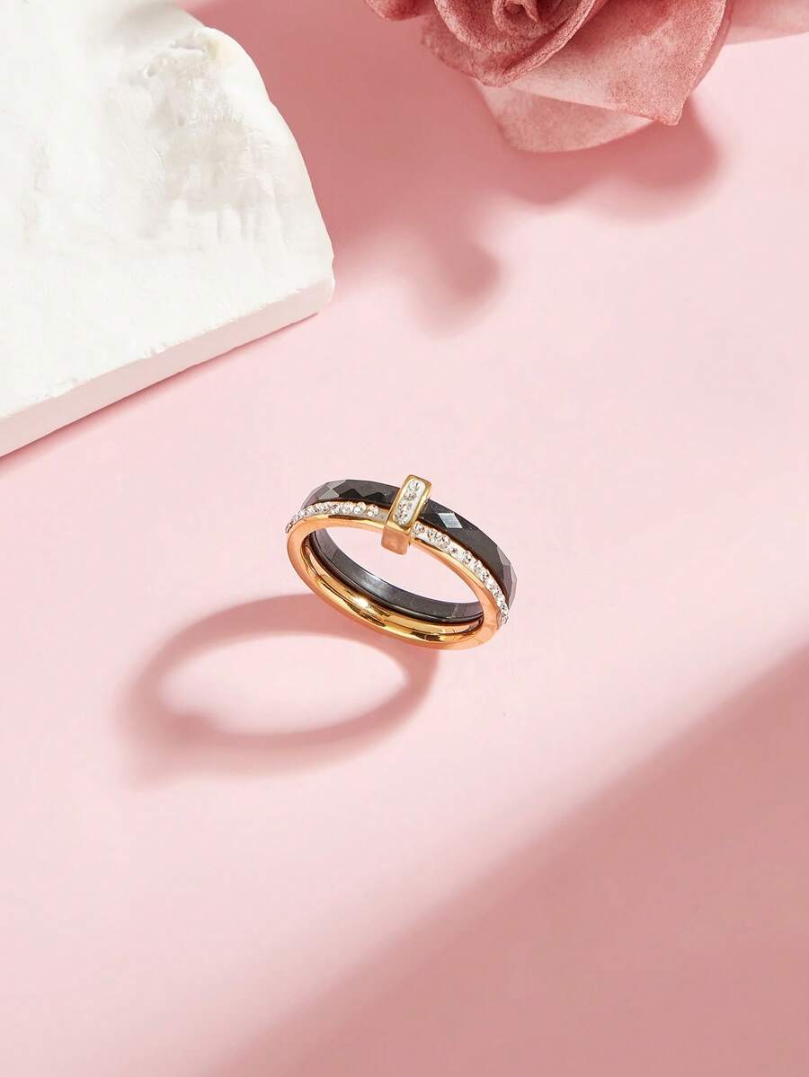 1 件 18K 镀金华丽风格不锈钢方晶锆石陶瓷戒指女士珠宝婚礼派对约会礼物 - 黑色和金色 - 查看 1