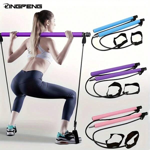 1 Stück Edelstahl Lingpeng Pilates Stange Set - bunte Widerstandsbänder für Heimfitnessraum, Yoga, Kniebeuge & Ganzkörperformung - Leicht, einfach zusammenzubauen & zu tragen, Fitness-Zubehör für Männer & Frauen