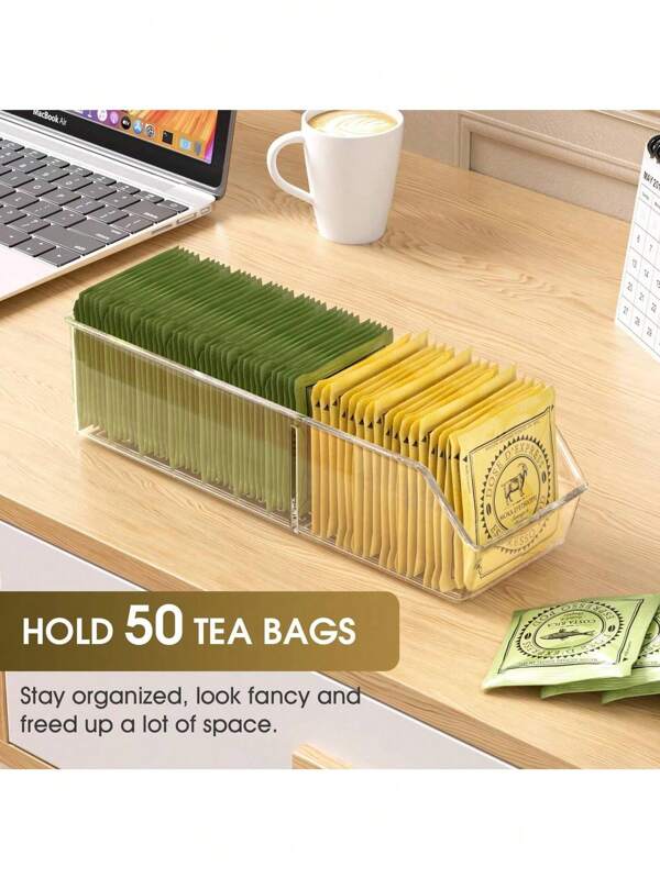 1 pieza Organizador de bolsitas de té, caja de almacenamiento de bolsitas de té, soporte de acrílico transparente para bolsitas de té, contenedor de almacenamiento transparente para bolsitas de té, sobres de azúcar, bolsas de café, sobres de especias, organizador de plástico multifuncional, organizador de escritorio de 2 compartimientos, caja de almacenamiento para gabinete, encimera, despensa