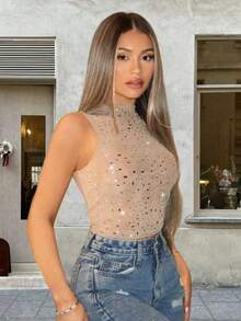 Chaleco de verano sexy slim fit diamante decal de mujer,Top desnudo de malla transparente,Adecuado para el día a día, fiestas callejeras, actuaciones - Caqui - Ver 3