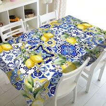 1 块柠檬印花桌布 - 鲜艳的蓝色和黄色花卉图案，提花涤纶，矩形，非常适合餐厅装饰、婚礼、野餐、露营和生日派对、户外餐桌布、柠檬厨房装饰