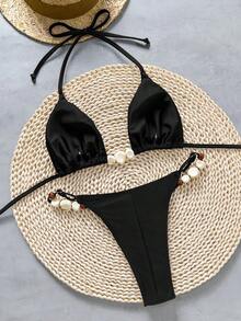 女士性感露背串珠比基尼套装，系带式后背设计，高弹面料