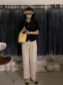 复古黑色大码女式短袖衬衫，修身轻便夏季休闲夹克 - 黑色 - 查看 5