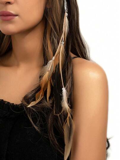 1pc Bohemian Feather Pendant Necklace, Retro Feather Hair Clip Tassels Long Hair Chain, Suitable For Daily Outfit, Beach Photos, Theme Party Decoration Hair Chain Head Jewelry Head Pieces Jewelry Hair Jewelry Hair Vine Chain, Hair Jewellery, Wedding, Hair Accessories, Bride To Be