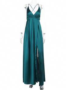 女式缎面细肩带前开衩吊带裙，夏季，派对礼服，适合参加鸡尾酒会 - 綠色 - 查看 1