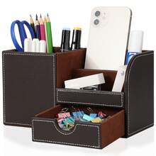 Black Multi-Functional Pen Holder With Drawer, PU Leather Stationery Storage Box, Back To School