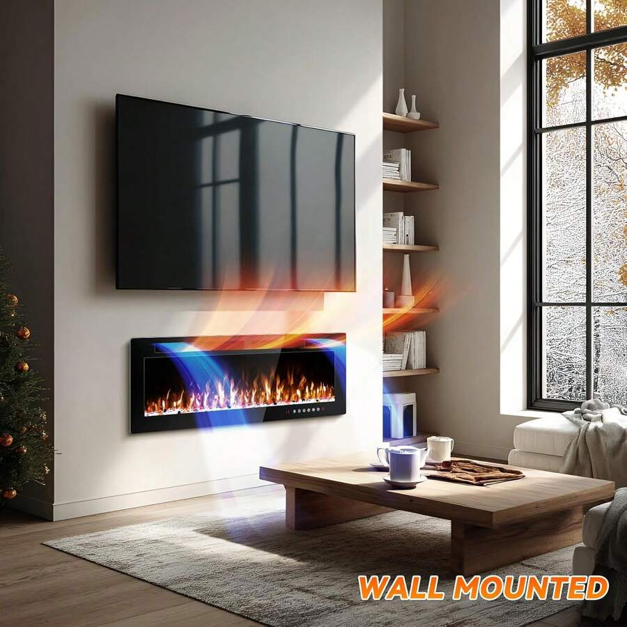 50Inch Electric Fireplace Inserts Ultra - Thin 750/1500W Electric Fireplace Heater Freestanding Wall Mounted Or Recessed With Adjustable Multicolor Flame And Timer - US B Type Plug(110-127V) - View 1