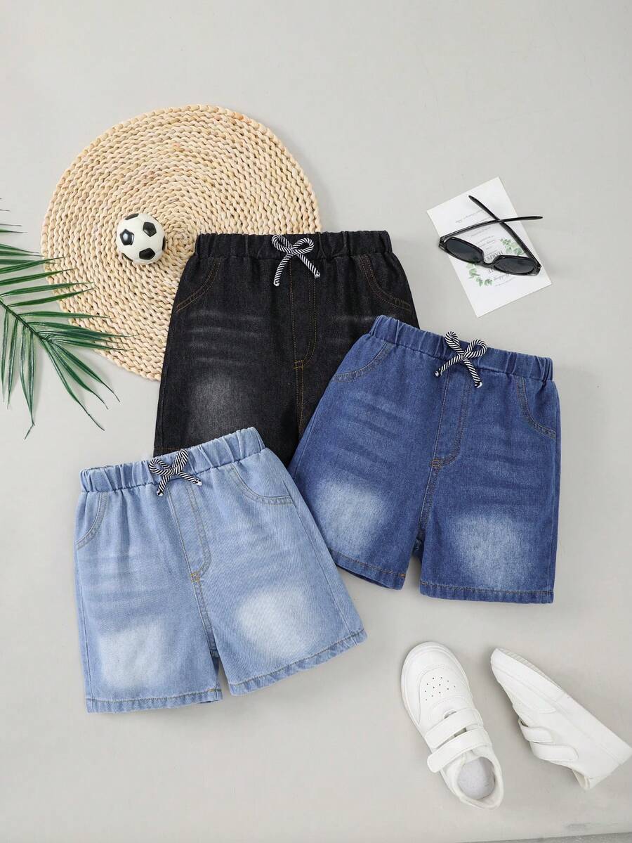 3pcs/Set Kids Light/Mid-Blue Washed Denim Boys Casual Elastic Waist Shorts, Summer Children Streetwear Knee-Length Pants - Black - View 1