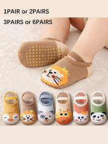 3 Pairs Toddler Boys/Girls Anti-Slip Grip Socks, Cute Animal Head Tie Strap Boat Socks, Suitable For All Seasons