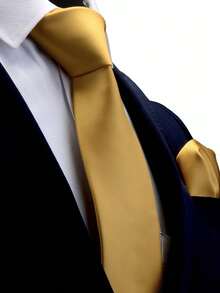 1 Set Men's 3.15 Inch Gold Threaded Necktie & Handkerchief, Wedding Party Groom Neckwear SetMen Necktie - Gold - View 6