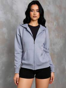 Sudadera capucha mujer dama cremallera frontal bolsillo canguro manga larga tela suave cierre ajustado diseño casual verano otoño invierno - Gris - Ver 2