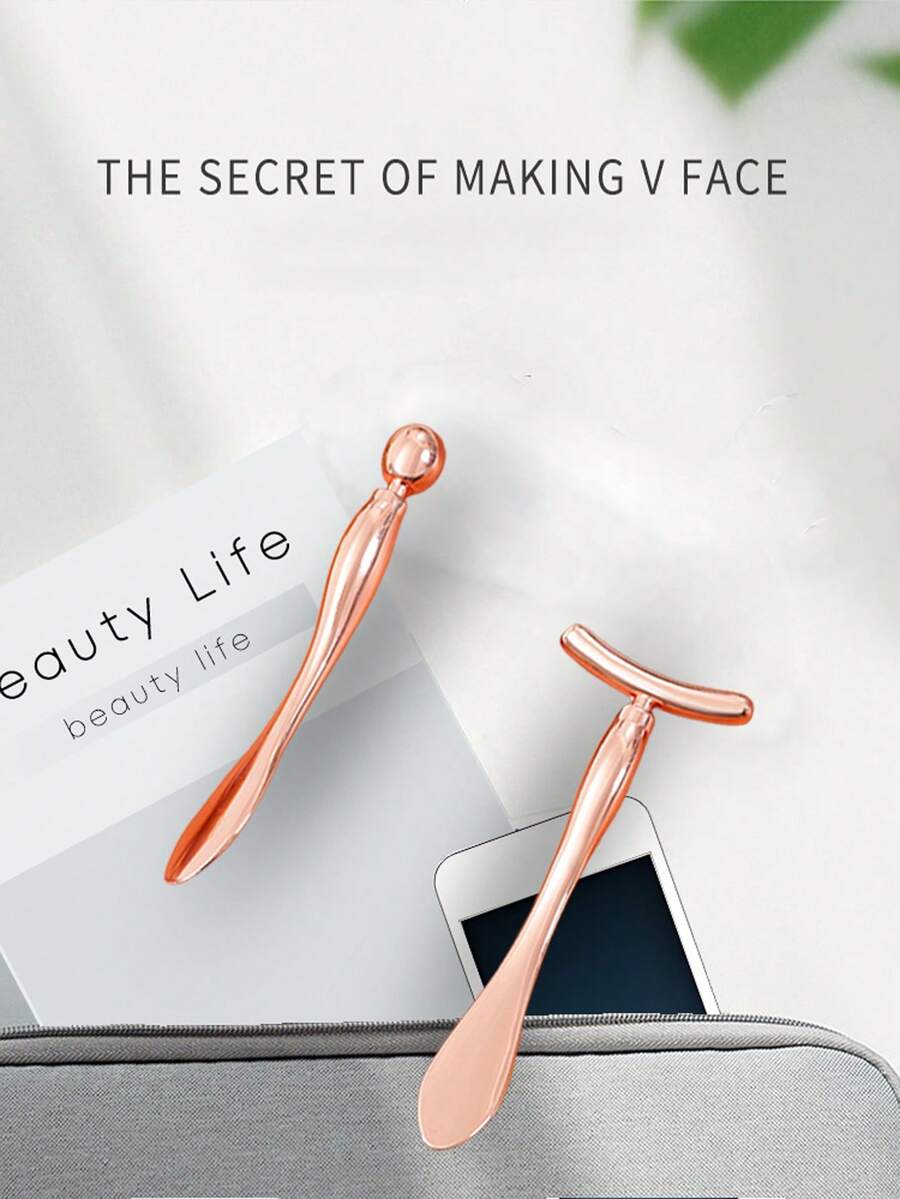 2 Pcs/Set 2 In 1 Facial Eye Massage Roller Stick Metal Eye Cream Applicator Massage Tool Wand Stick Rose Gold - Rose Gold - View 1