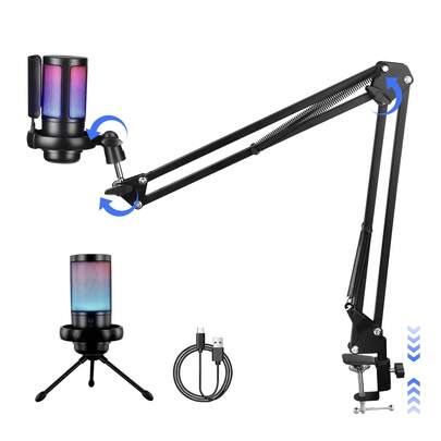 Wireless Microphone With Adjustable Boom Arm – For PC Gaming, Streaming, Discord, Podcasts & Recording, With Pop Filter & Mute/Gain Control