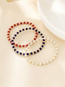 3pcs Set Beaded Bracelet, Minimalist Design In Red, White And Blue, Casual Everyday Wear, 4th Of July Independence Day Decoration