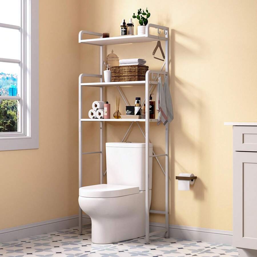 Over The Toilet Storage Rack With 3-Tier Bathroom Shelves, Space Saver Toilet Shelf, Bathroom Storage Organizer With Hooks For Over Toilet Storage And Shelf (White) - trắng - Xem 1