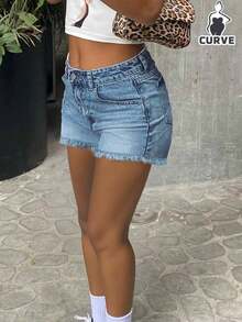 Women Plus Size Simple Loose Straight Denim Bermuda Shorts - Light Wash - View 1