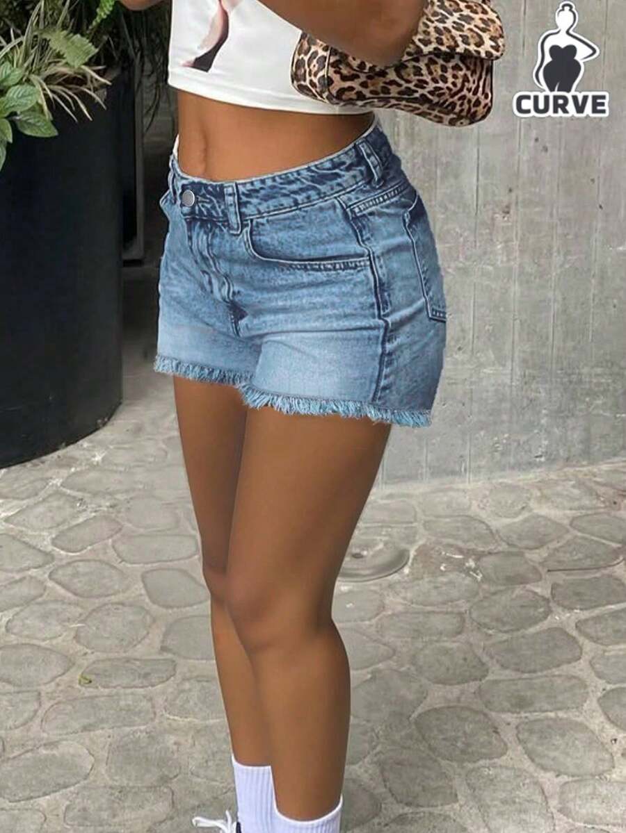 Women Plus Size Simple Loose Straight Denim Bermuda Shorts - Light Wash - View 1