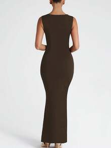 Sommer Damen ärmeloses Bodycon elegantes langes Kleid mit quadratischem Kragen, sexy Party Abendkleid - Braun - Übersicht 3