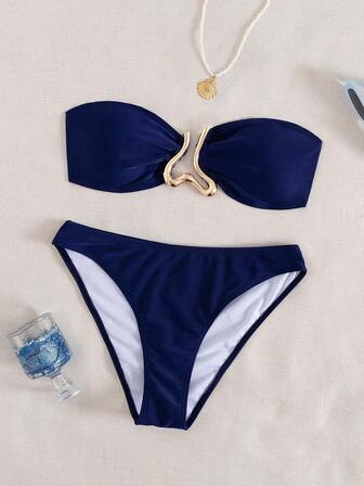 Women's Fashionable Sexy Gold Clip Decor Bandeau Bikini Set, Separates Swimsuit For Party Beach