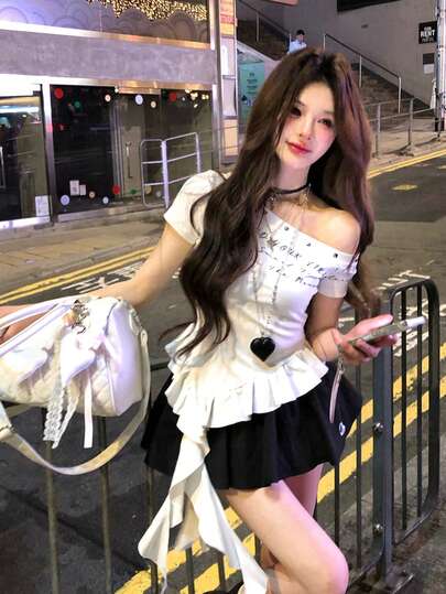 女士肩部系带袖修身短款上衣，夏季