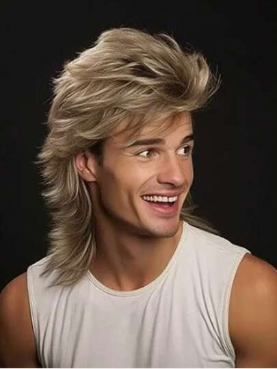 16 Inch Men's Wig, 70s 80s Costume Party Accessory Role Play Wig, Grey Gold Color, Suitable For Halloween Wig Cosplay Wigs