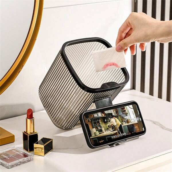 Creative Desktop Trash Can, Transparent Rim-Less Small Paper Bucket With Phone Holder, Streaming Accessory