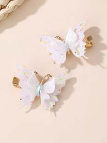 2pcs/6pcs Girls Glitter Rhinestone Pearl Butterfly Hair Clips - White - View 6