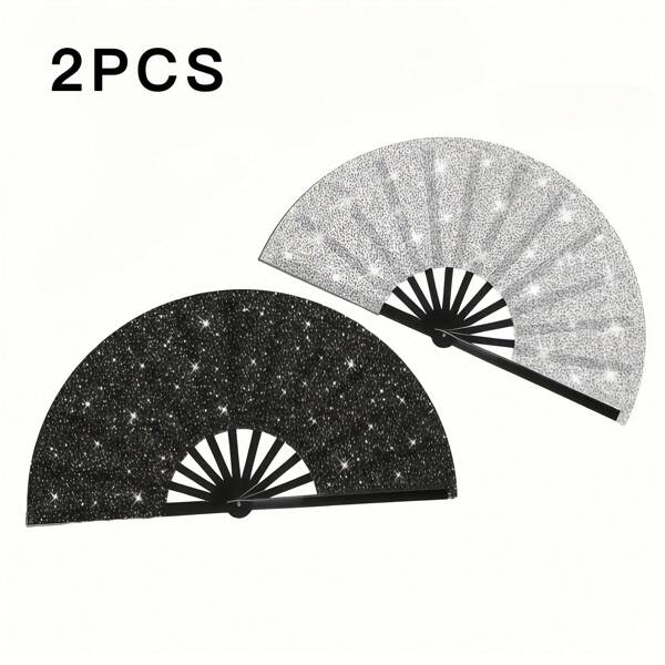 1pc/2pcs Shiny Folding Hand Fan, Luxury Ladies Hand Fan, 25 Inch, High-End Gala & Ball Accessory, Dazzling Elegant Fashion Folding Fan, Black & Golden, Suitable For Home Or Party Decoration, Theme Performance, Party Supplies, Durable Plastic Fan