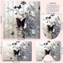 1/4 Stücke Schwarz-Weiß Schmetterling & Blumen Badezimmer Set, beinhaltet Duschvorhang, Badematte, U-förmiger Toilettendeckel, wasserdicht, moderner Stil, maschinenwaschbar, ohne Bohren erforderlich Badezimmer Dekoration, Herbstdekoration, Badezimmer Accessoires, Rückkehr zur Schule