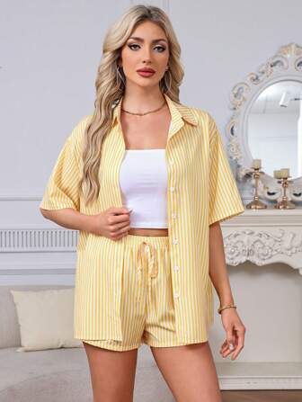 2pcs Spring/Summer Beach Vacation Casual Striped Short Sleeve Shirt With Turndown Collar And High Waist Drawstring Shorts Set, Lounge Wear & Outerwear