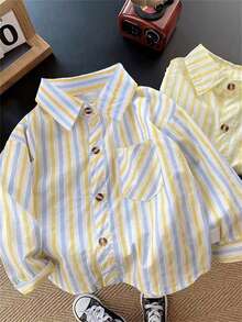 Spring/Autumn Kids Striped Collared Shirt, Fashion Korean Style Boys Casual Long Sleeve Blouse, Toddler/Little Boys - Blue - View 2