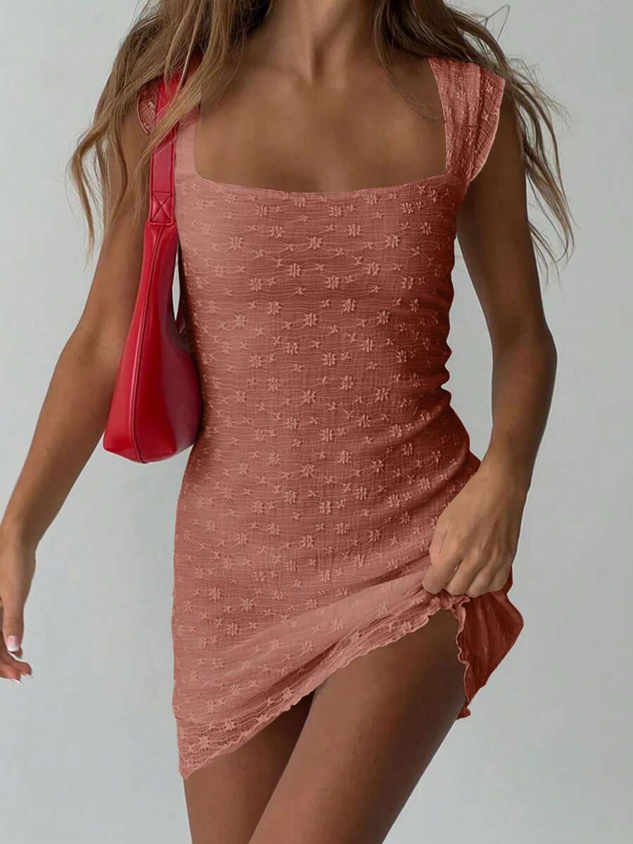 女式方领提花修身时尚迷你连衣裙