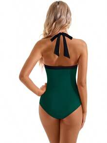Women Sexy Tummy Control One Piece Swimsuit Halter Retro Bathing Suit - 68 Green Black - View 3