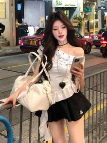 女士露肩系带袖修身短款上衣，夏季休闲白色 - 白色 - 查看 6