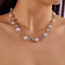 New Ins Style Pearl Flower Inlaid  Colored Gemstone Female Clavicle Chain Stacking Belt Matching Jewelry