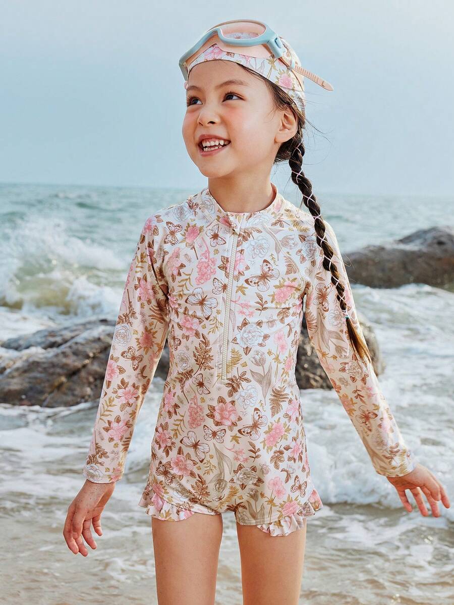 mini bala Girls' Long Sleeve Swimsuit – One-Piece With Swim Cap, UV Protection Summer Outfit - Red and White - View 1